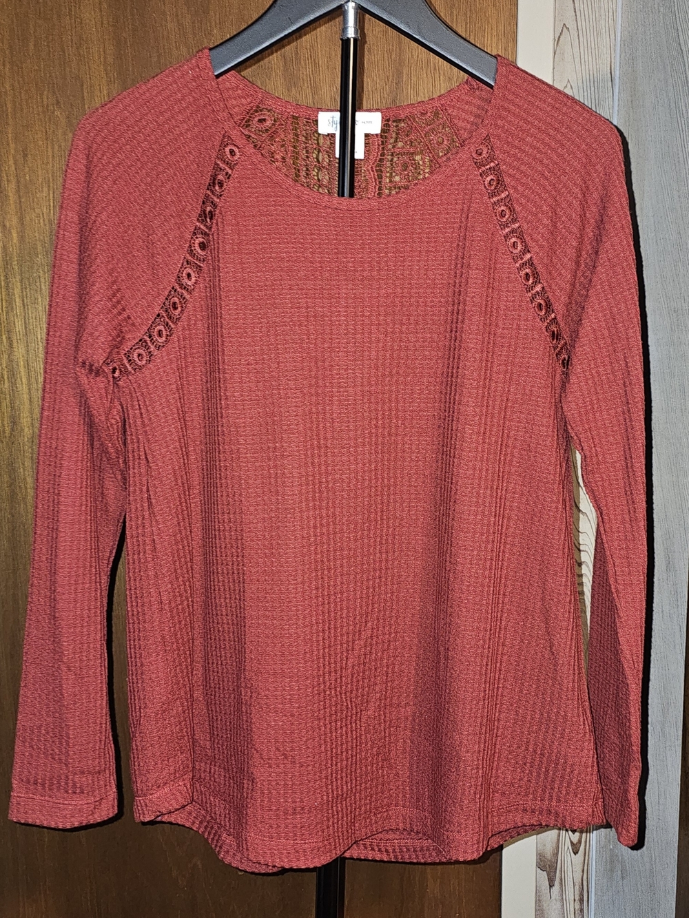 Style & Co. Long Sleeve Lace-Trim Waffle Knit Petite Top - Rust
